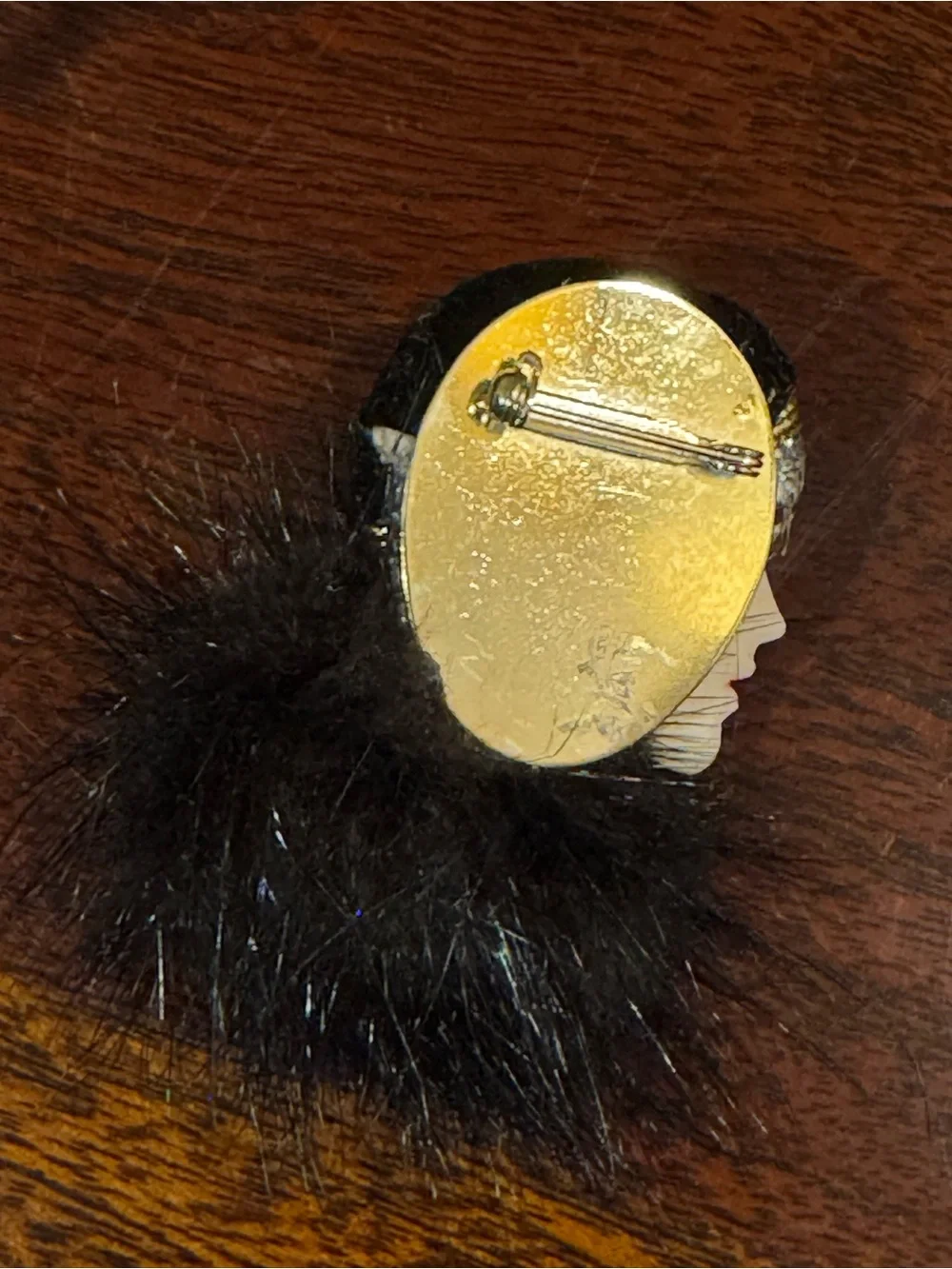 Vintage 1920’s Flapper Porcelain and Mink Fur Cameo Brooch or Pin.